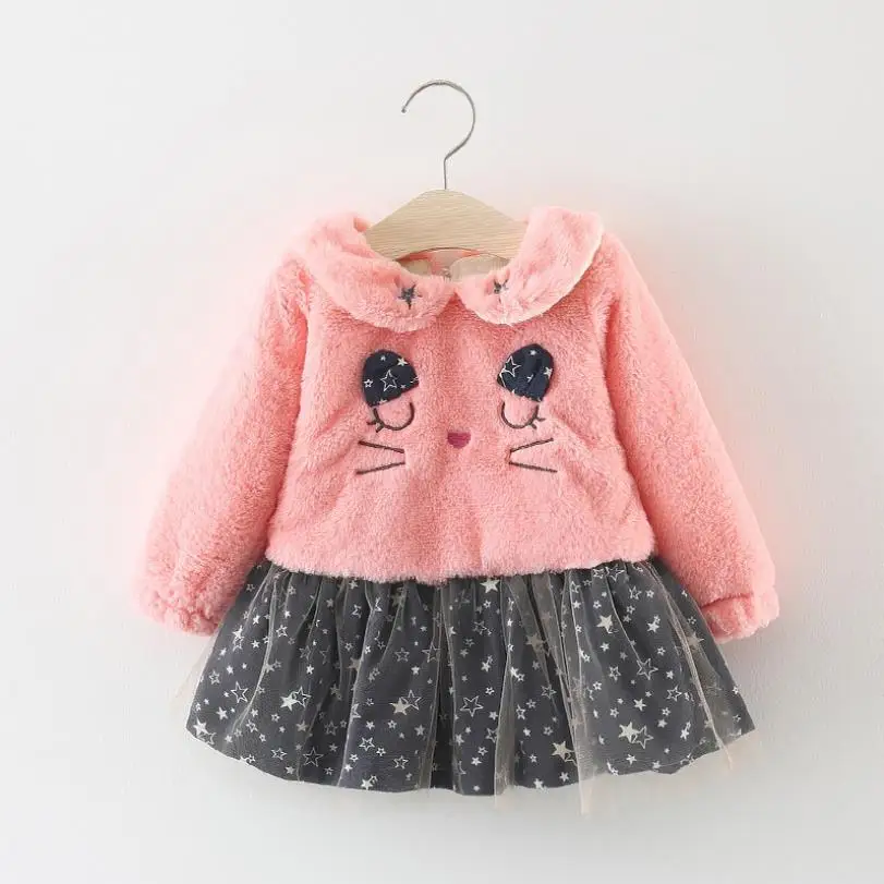 pink color Платье для девочек; зимняя теплая Детская осенняя одежда; топы для маленьких девочек; плотная одежда принцессы; милое кашемировое рождественское платье в сеточку - Цвет: pink color
