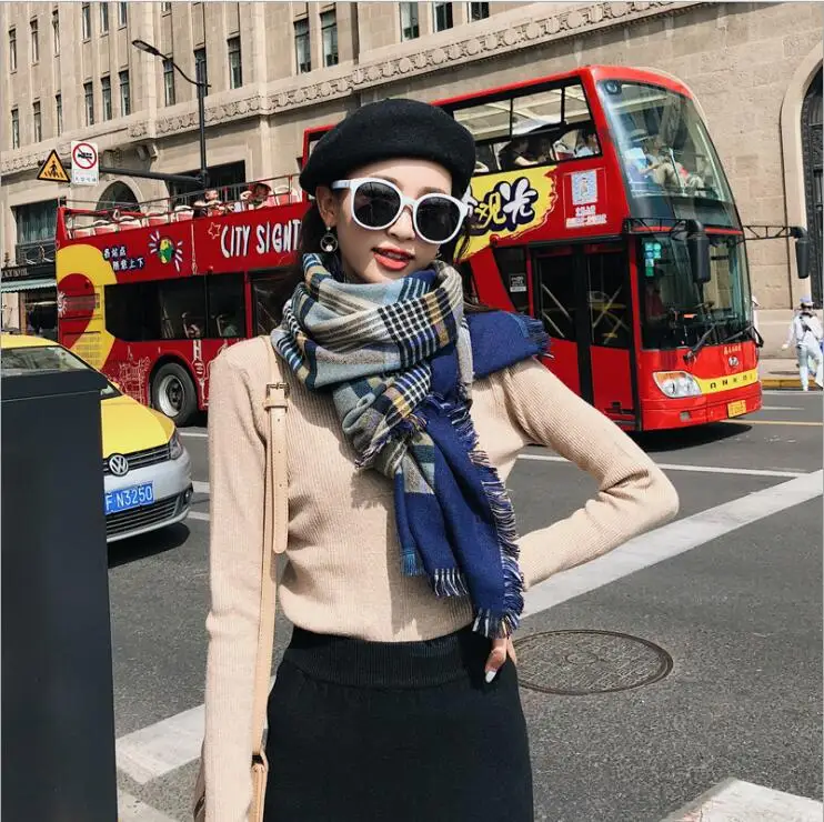 Модный зимний теплый шарф в клетку для женщин шаль из пашмины кашемировые