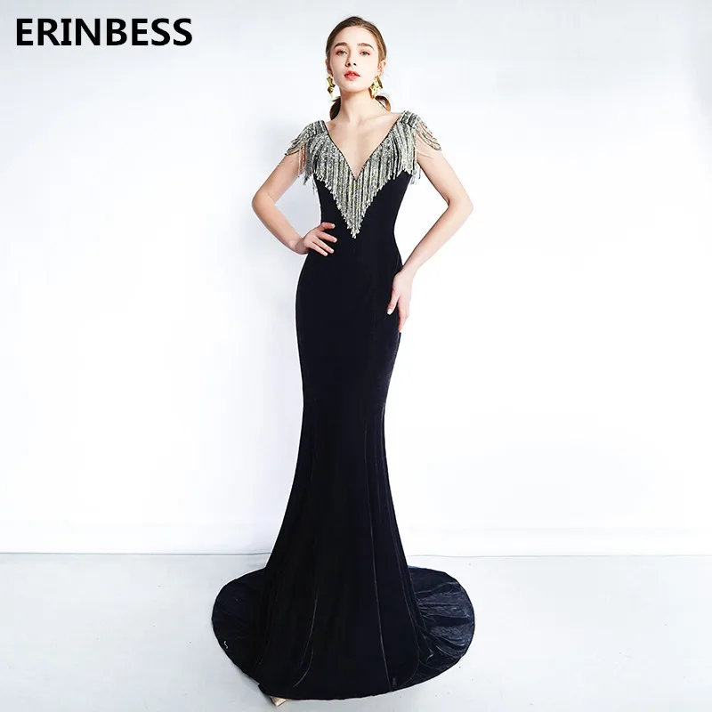 Женское вечернее платье русалка длинное черное с V образным вырезом и лето