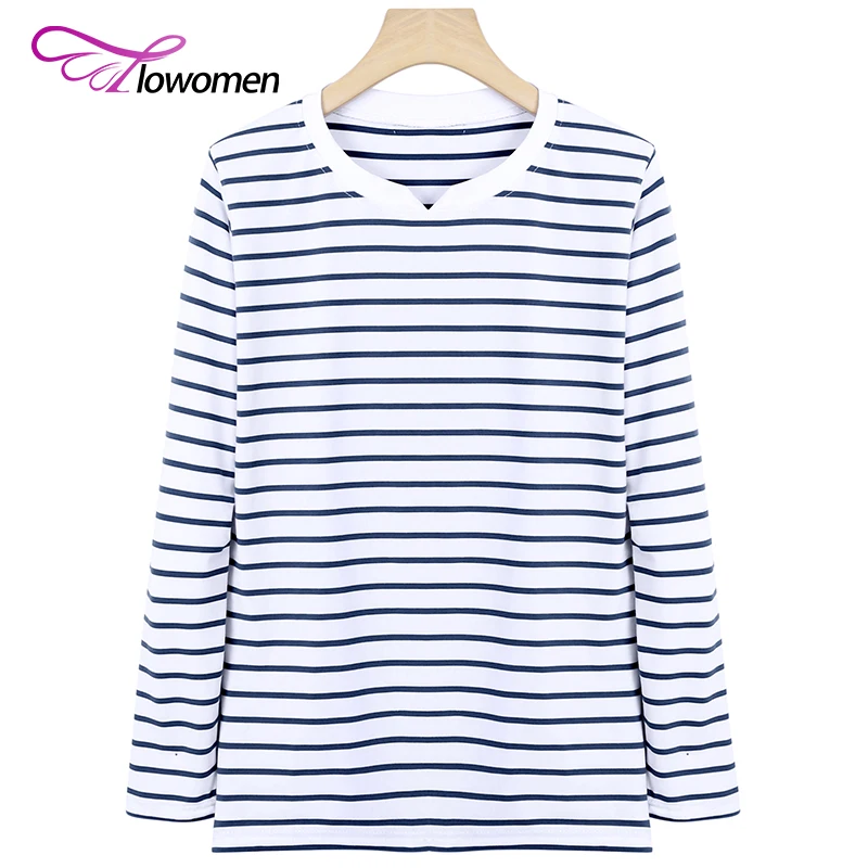 Flowomen футболка Для женщин с длинным рукавом 2018 полосатый рисунок круглым вырезом