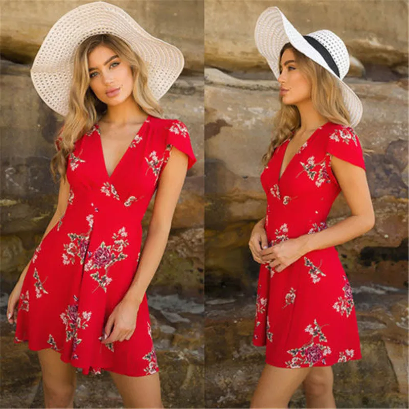 Womens Floral Printed Loose Mini Dress New 2018 Ladies V-Neck Summer Dresses Stylish Short Sleeve Evening Party Vestidos | Женская