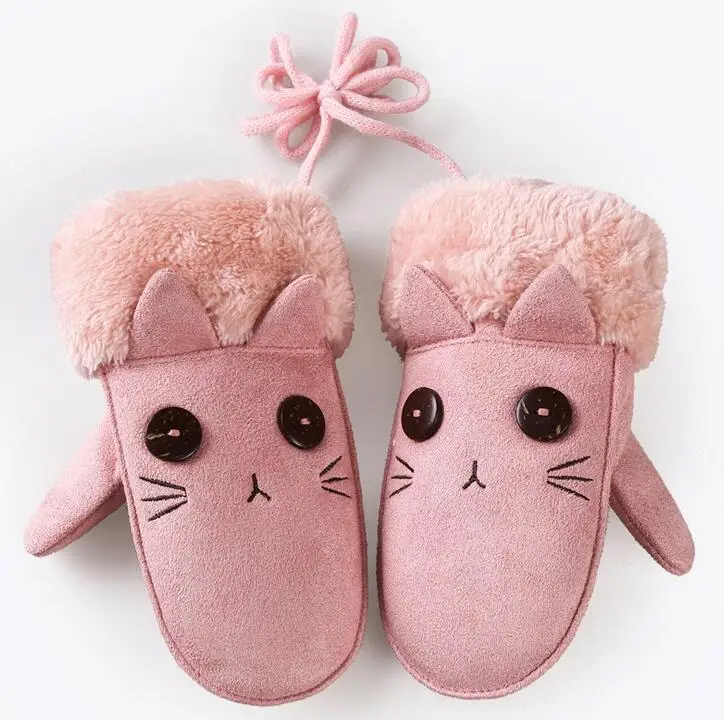 B Pink Модные детские варежки с милым кроликом и медведем из мультфильма для мальчиков и девочек, зимний плюшевый кашемир, толстые теплые замшевые кожаные перчатки 100H - Цвет: B Pink