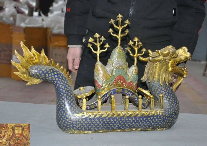 

wedding decoration 23"China Feng Shui Bronze Cloisonne enamel Gilt Zodiac animal Dragon Ruyi statue