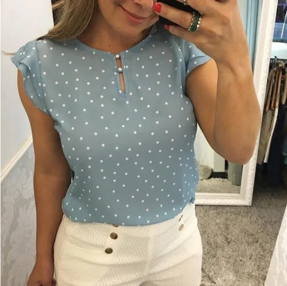 Футболка женская летняя с принтом в горошек из шифона круглым вырезом без