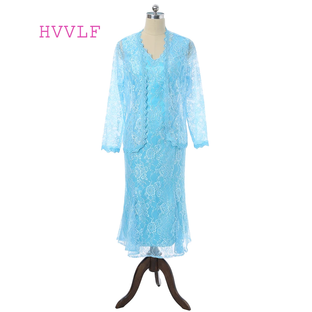 

Turquoise Mother Of The Bride Dresses Mermaid V-neck Ankle Length Lace With Jacket Groom Formal Mother Dresses For Wedding
