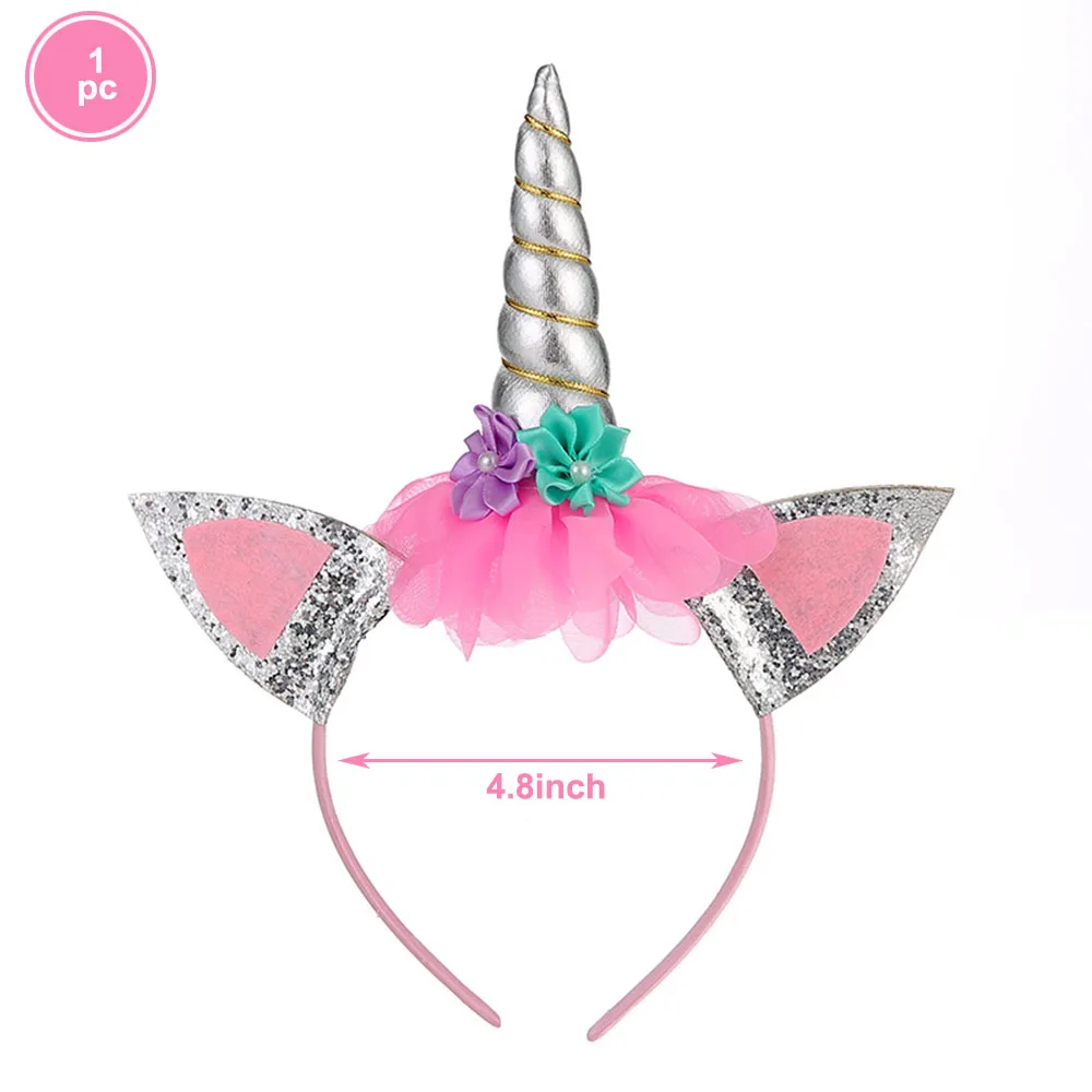 1pc headband silver Набор принадлежностей для дня рождения с единорогом, Золотая повязка на голову с единорогом для девочек, Розовая атласная лента, латексные шарики для дня рождения - Цвет: 1pc headband silver