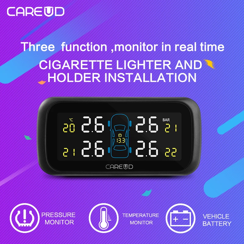 Фото CAREUD U903 автомобильная беспроводная TPMS система контроля давления в шинах с 4 внутренними сменными датчиками батареи жк-дисплей №2