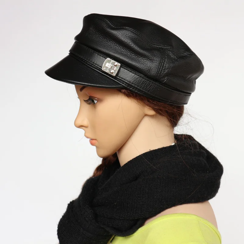 Star style Real deerskin leather plat top hat black military cap for unisex male and female winter leisure accessories S483 |