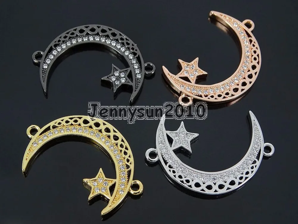 

Clear Zircon Gems Stones Pave Moon And Star Bracelet Connector Charm Beads Silver Gold Rose Gold Gunmetal 10Pcs/Pack