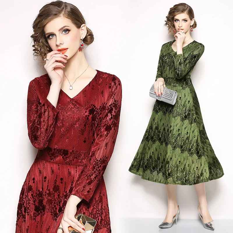 

Women Fashion Party Lace Dress V-neck Sexy Work Casual Long Dresses Big Swing A-line Slim Vintage Vestido