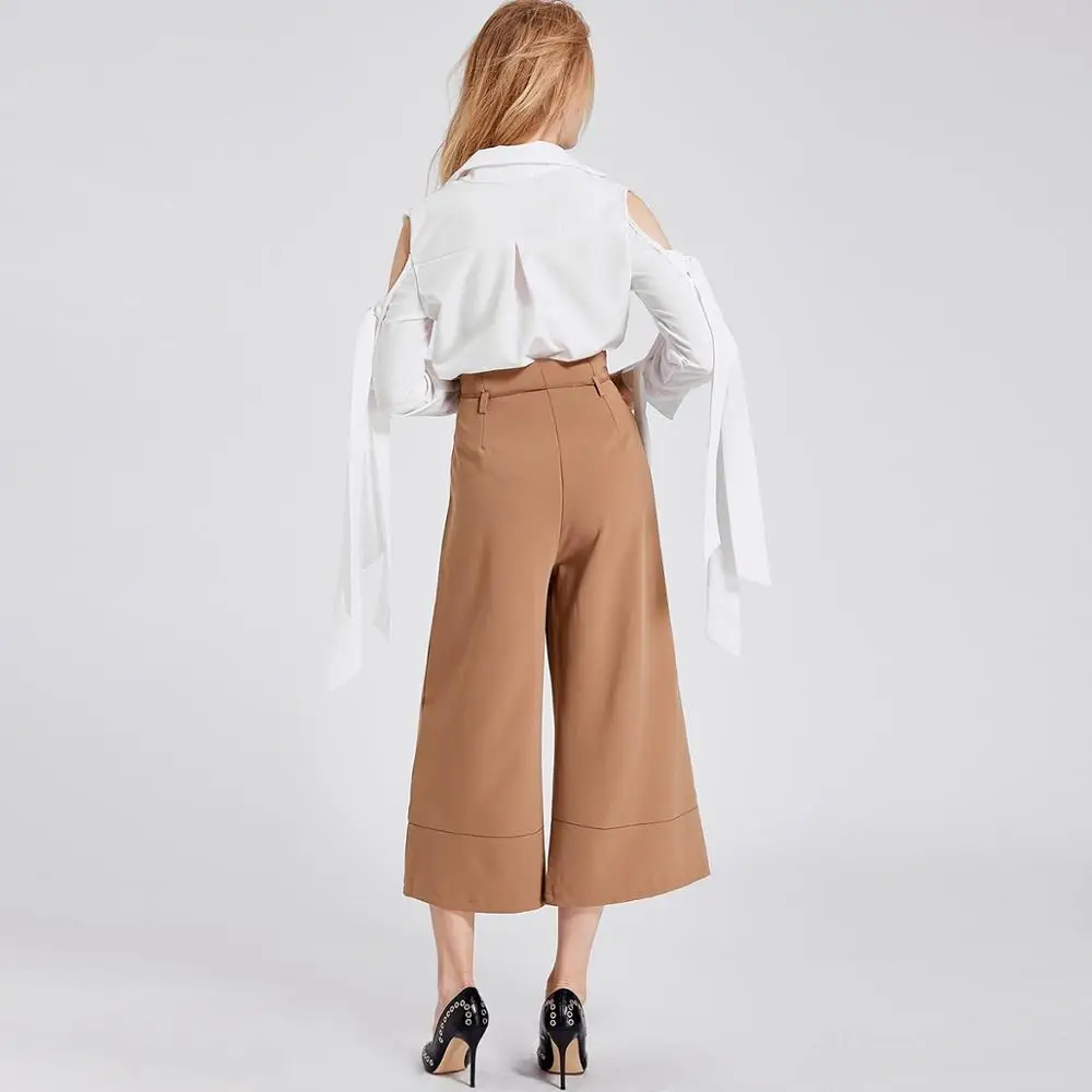 Хаки широкие брюки с высокой талией пояс оборками на талии офисные женские