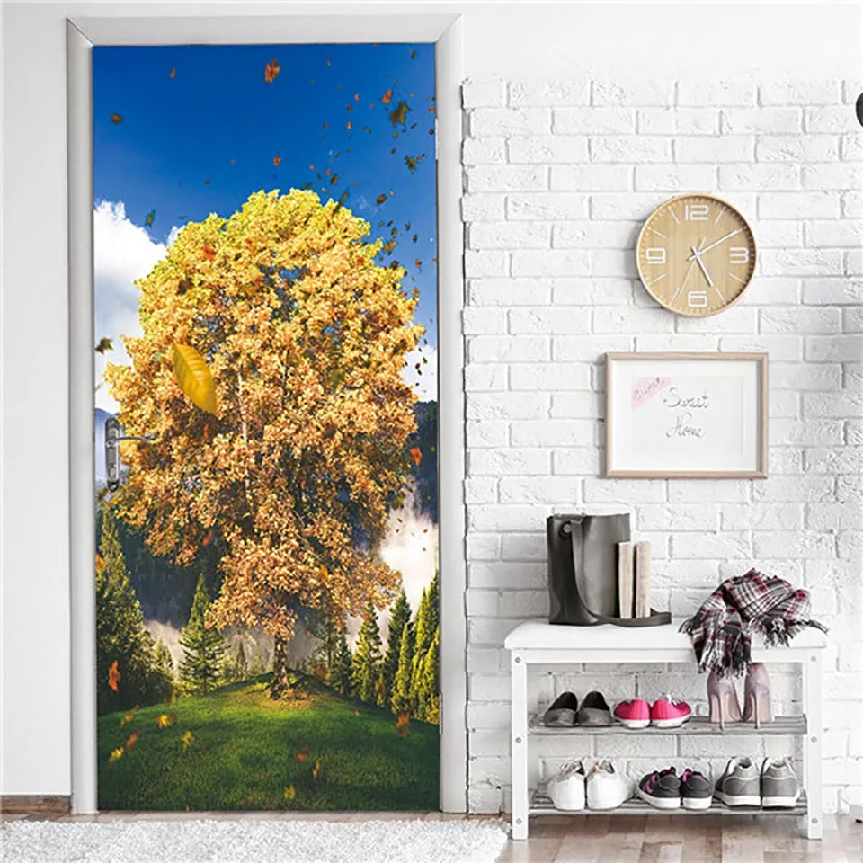 Self Adhesive Renew Door Sticker Mountain Range Sunset Home Decor 3d Print Waterproof Mural Wardrobe Renovation Decal Pictures