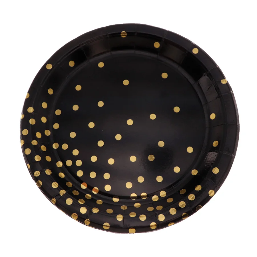 Одноразовая посуда бумажная тарелка золотая черная фольга в горошек на день