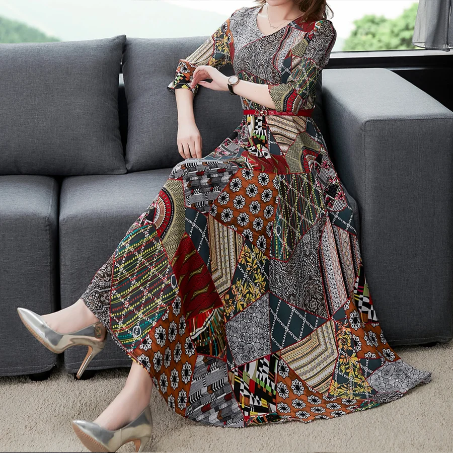 2019 Korean Summer New Beach Midi Dresses Plus Size Vintage Print Boho Maxi Sundress Women Bodycon Short Sleeve Party Vestidos | Женская