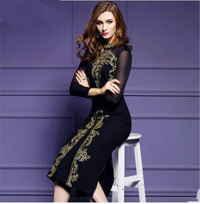 Черное облегающее платье с вышивкой привлекательные вечерние платья длинным