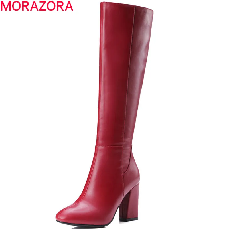 MORAZORA black red women autumn boots square heel zipper ladies high quality pu fashion knee | Обувь
