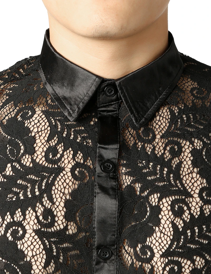 Сексуальная прозрачная рубашка для мужчин кружевная мужская приталенная с