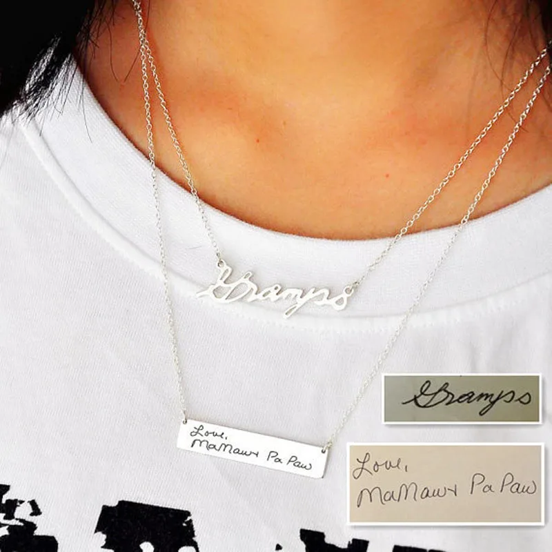

Sterling Silver Signature Necklace Set Custom Name Pendent and Engraved Handwriting Bar Memorial Gift