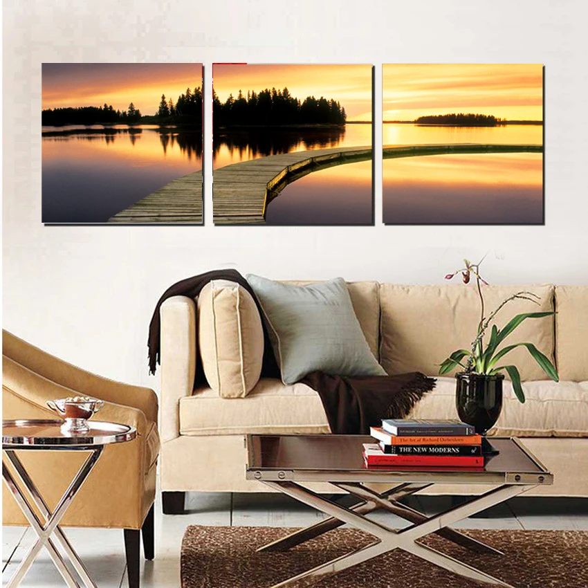 3 Pieces Painting Abstract Dusk Scenery Wall Art Pictures Set The Wooden Bridge In Lake Canvas Print For Modern Decor NO FRAME | Дом и сад