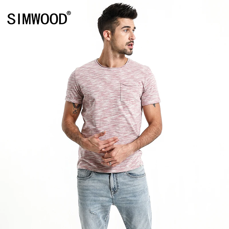 SIMWOOD, Новое поступление, летняя мужская футболка, тонкая, с принтом, хлопок, завиток, необработанный вырез, короткий рукав, футболка, брендовая одежда 180051
