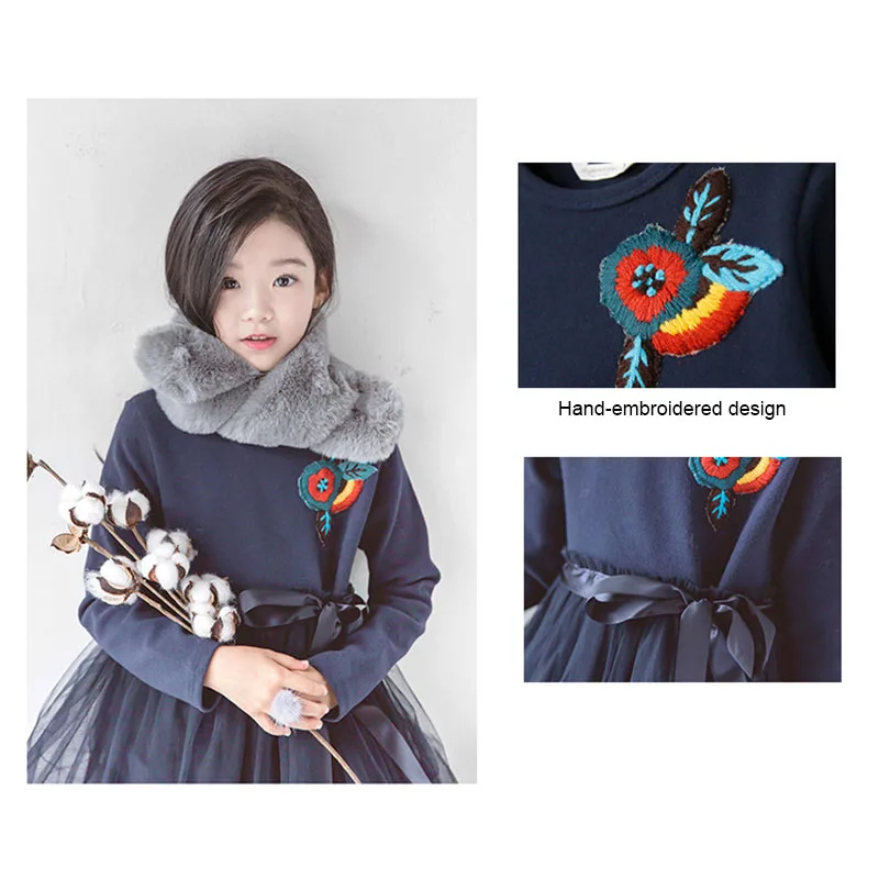 

Stylish Girls Cotton Sanded Mesh Hand Embroidery Pattern Sweet Princess Dress for Autumn