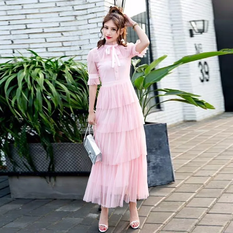 TWOTWINSTYLE летние Многослойные сетчатые платья для женщин с коротким рукавом и