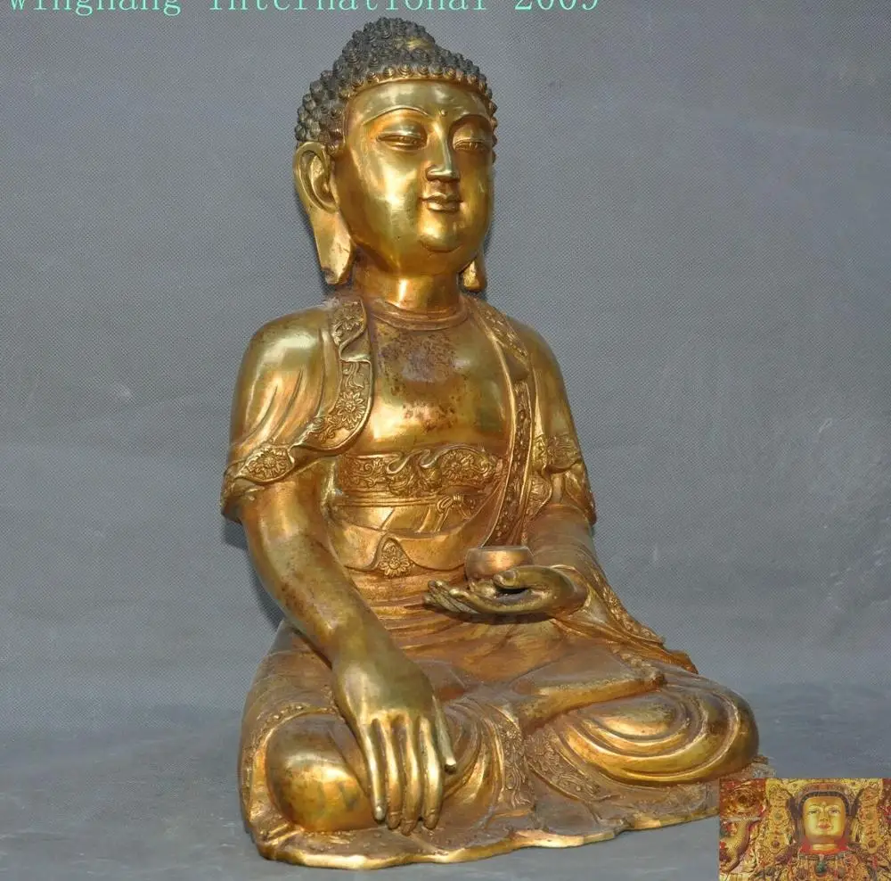 Тибет Храмовая бронзовая фигурка 24 k gold Шакьямуни буддийская Медицина статуя