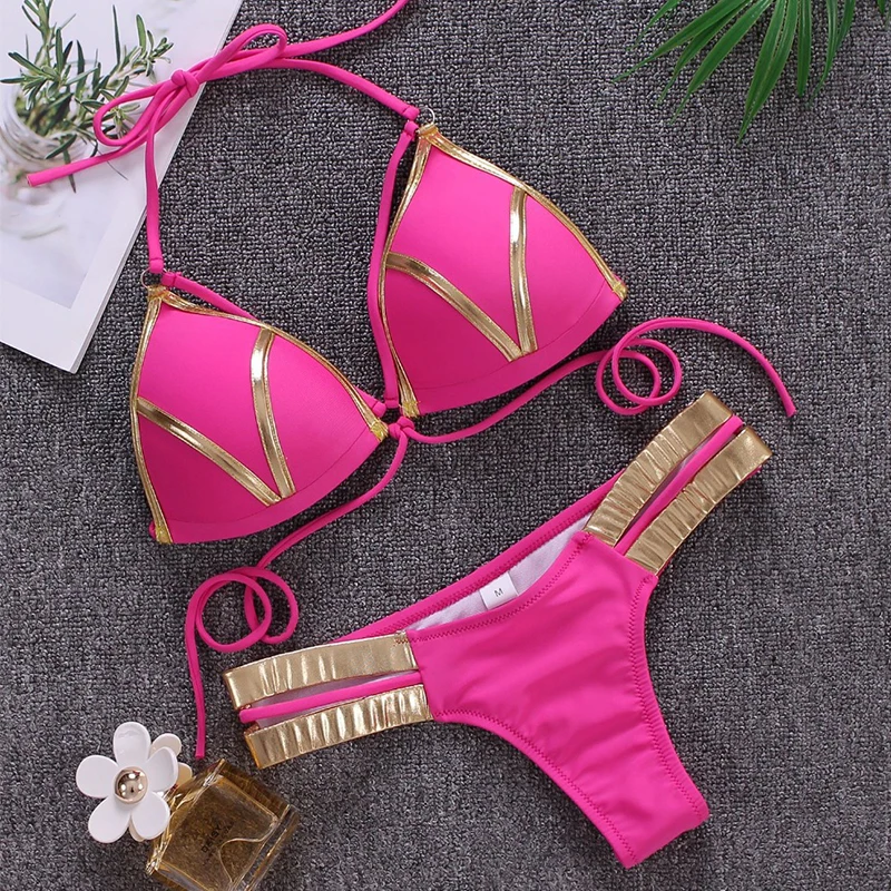 Сексуальный купальник бикини пуш-ап с бретелькой через шею, женский купальник в горошек, леопардовый комплект бикини, купальник, бразильский бандаж, перекрестный купальник, бикини
