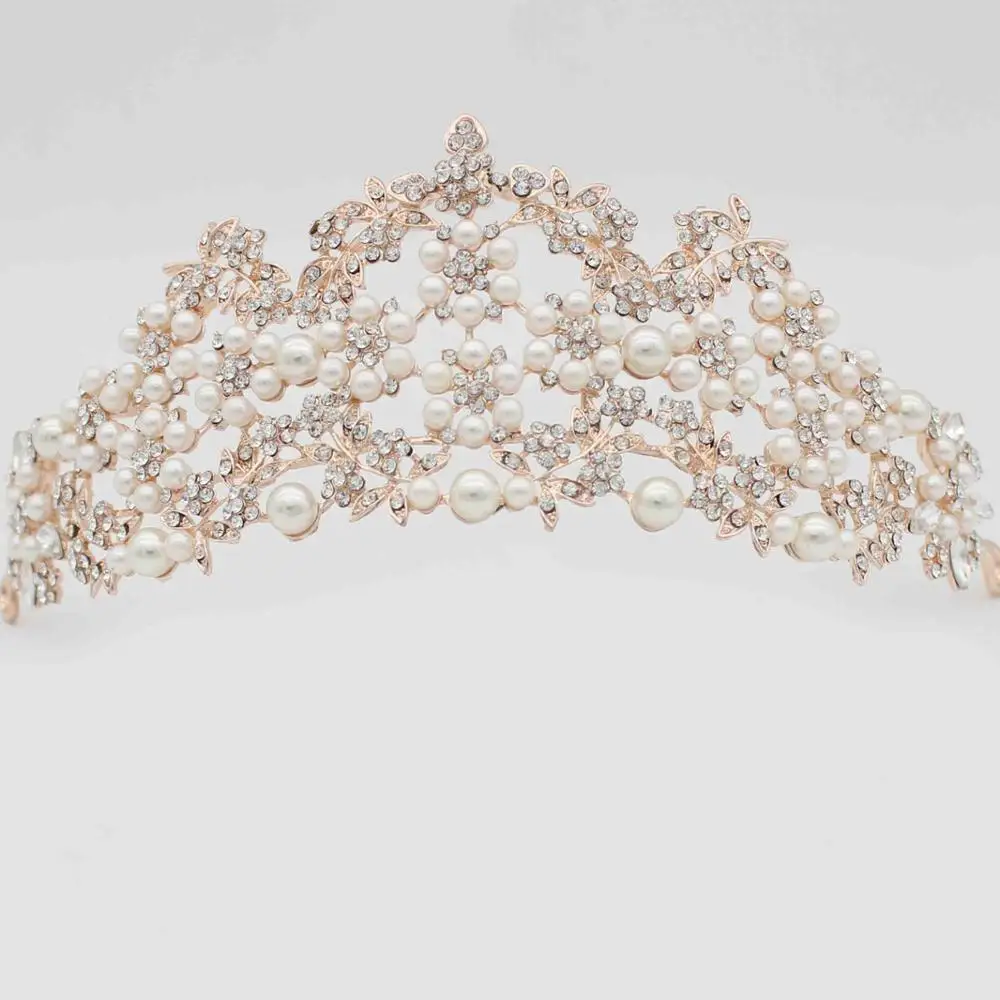 rose gold Crown Розовое золото/серебро с цветами и жемчугом свадебная диадема Корона Для женщин вечерние диадема Свадебные украшения для волос невесты Аксессуары и украшения для волос - Окраска металла: rose gold Crown