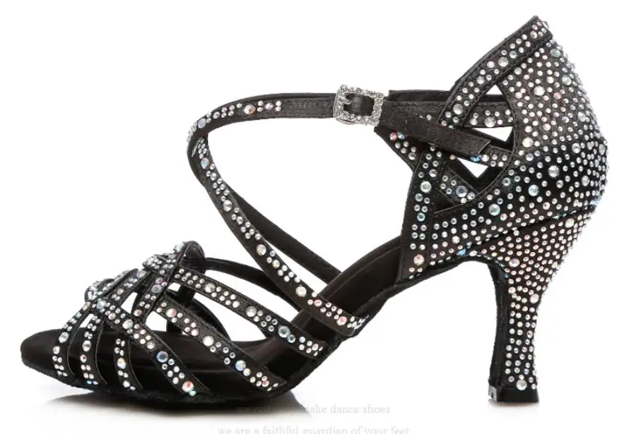 black heel 7.5cm Женская обувь для латинских танцев; женская Обувь для бальных танцев; стразы; обувь для танго; синяя обувь на высоком каблуке; JuseDanc - Цвет: black heel 7.5cm