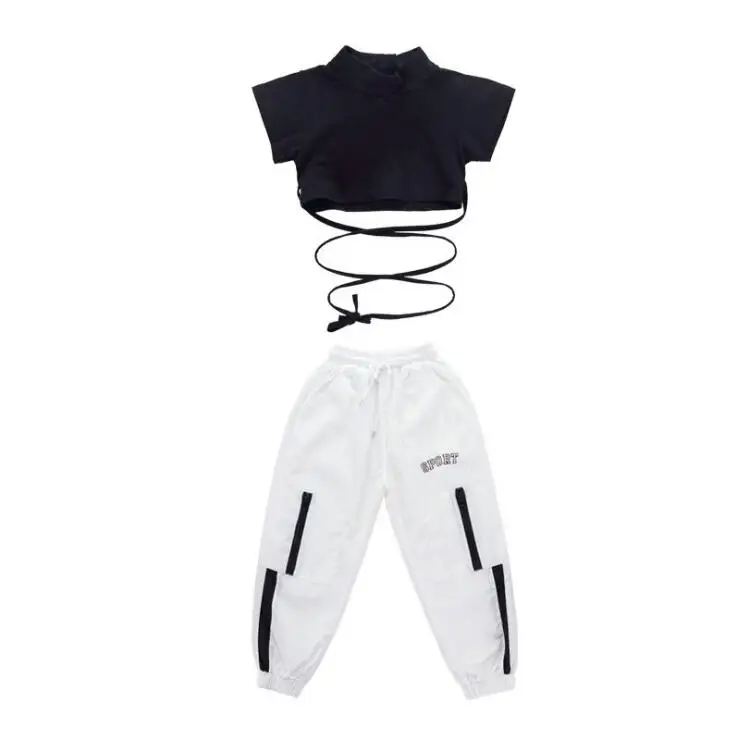 Girls clothing Set Комплекты из 2 предметов, танцевальные костюмы в стиле хип-хоп для мальчиков и девочек-подростков, черные топы с повязкой, белые штаны, спортивные костюмы для детей 8, 10, 12, 14, 16 лет - Цвет: Girls clothing Set