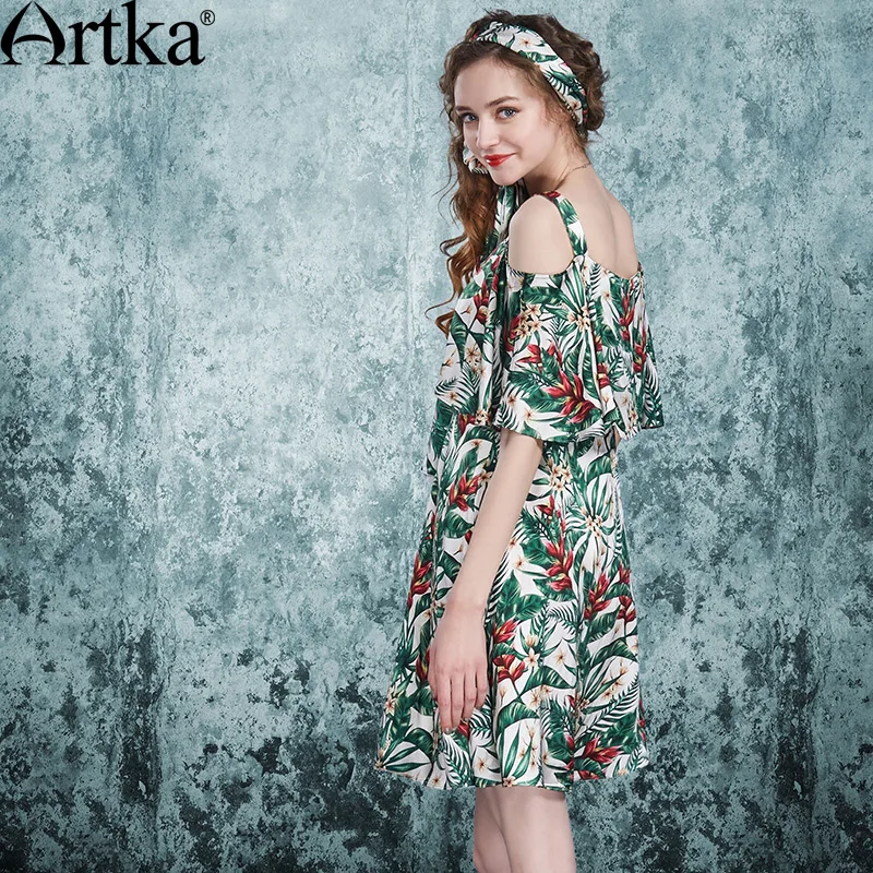 ARTKA Женская 2018 летняя с цветочным принтом шелковое платье винтажное открытыми