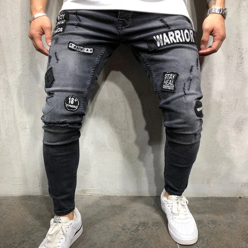 

NEW YOFEAI Fashion 2018 Men's Hole Embroidery Jeans Blue Streetwear Hip-hop Slim Men Jeans Mens Ripped Jeans