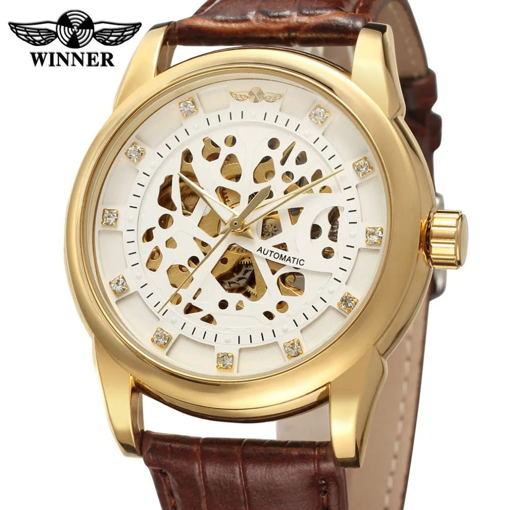 Роскошный чехол золотого цвета из сплава с белым циферблатом и коричневым