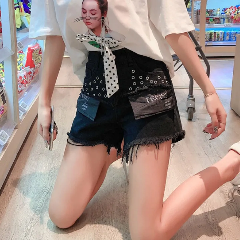 Летние женские джинсовые шорты в Корейском стиле с высокой талией и нашивкой