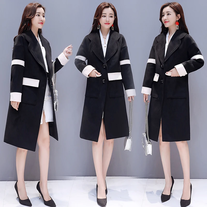 2018 г. зимние длинные женские офисные Wool-blend контраст верхняя одежда куртки