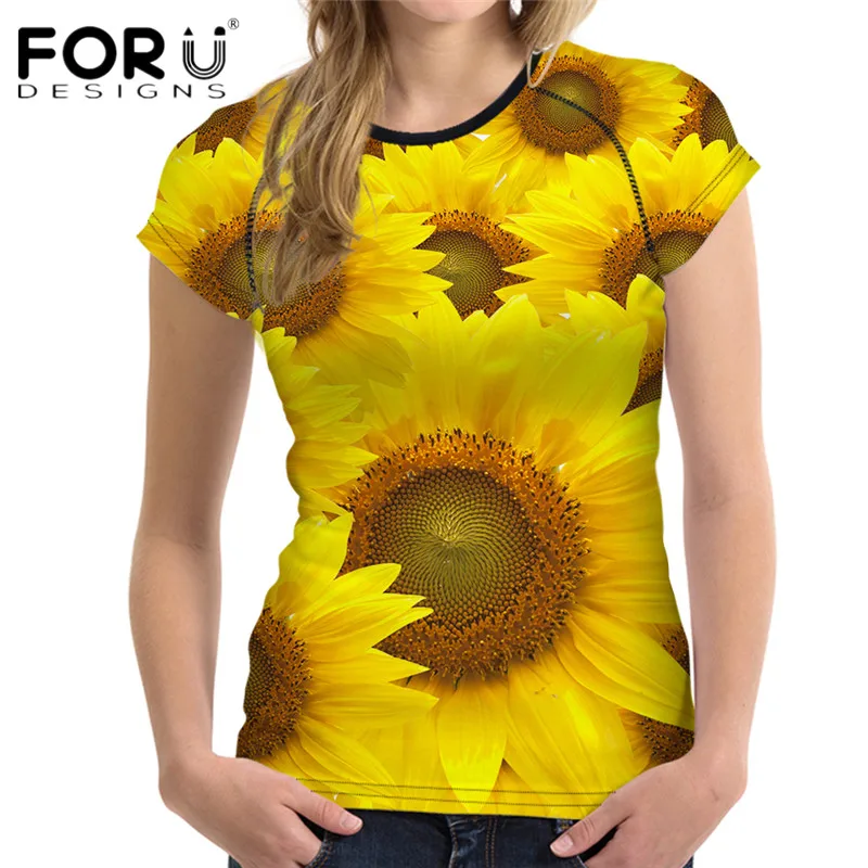 

FORUDESIGNS Sunflower T Shirt Women Short Sleeve Top Tees Comfort Breath 3D Flower Tee Shirts Brand Clothing Round Neck T-shirts
