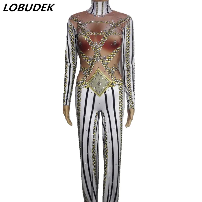 

Striped Broad Leg Pants Crystals Jumpsuit Female Birthday Celebration Party Jumpsuits Stage Singer Dancer Nightclub Costume