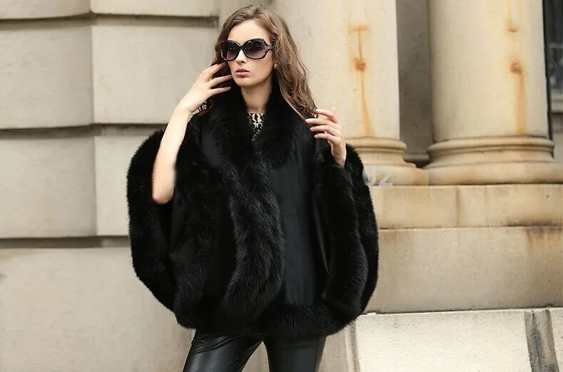 Wraps Lady's Genuine Shawl Real Cashmere Genuine Fox  Fur Coat Cloak Women Winter Warm Poncho/ Cape BLACK