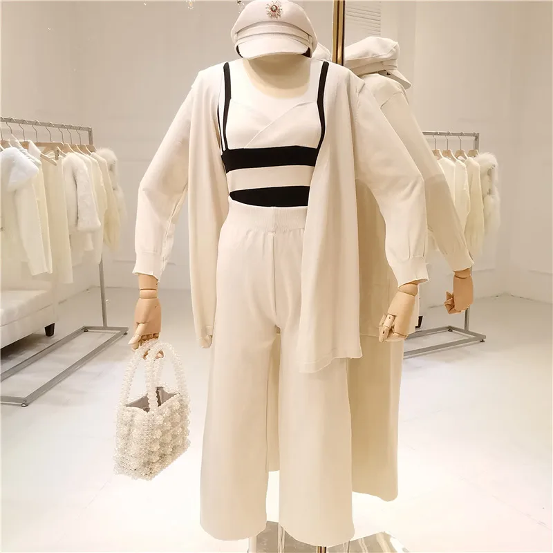 ALPHALMODA женские весенние комплекты полосатый жилет на подтяжках+ тонкий кардиган с длинными рукавами+ широкие брюки 3 предмета вязаный костюм