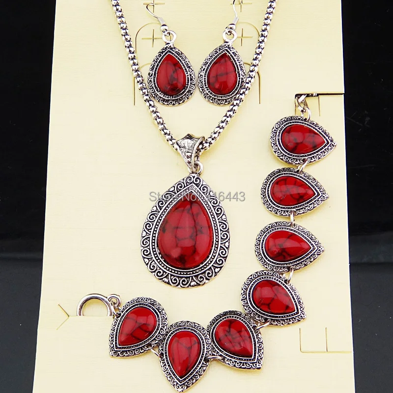 Новинка лидер продаж античное серебро капли воды бирюзовые серьги браслет