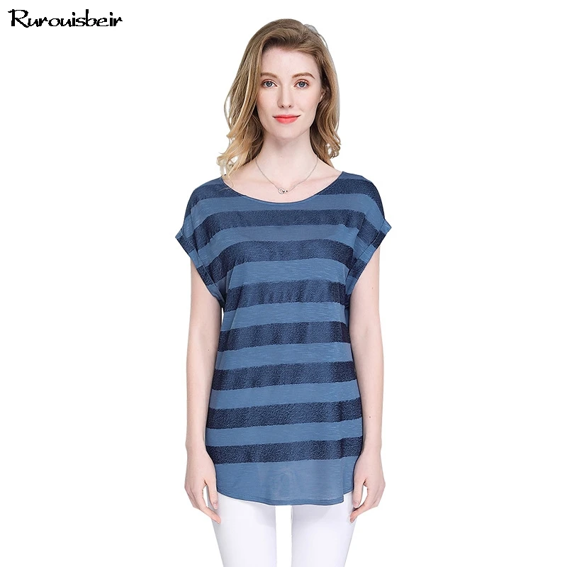 Casual O Neck Striped Top T Shirt Women Chic Embroidery Short Sleeve Tee Femme 2019 Summer Chiffon Plus Size | Женская одежда