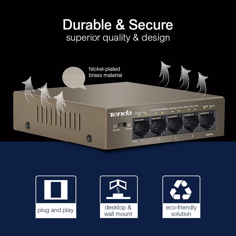 Tenda TEF1105P-4-63W Ethernet сетевой коммутатор gigabit 10/100 Мбит/с 5-Порты и разъёмы POE Мощность Вход 51V 1.25A сети подключи и играй, прочная и надежная