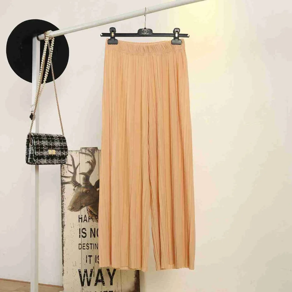 #1906 Summer Pantalon Femme Elastic Waist Chiffon Wide Leg Pants Ankle-length Loose Pleated High Skirts Big Size | Женская одежда