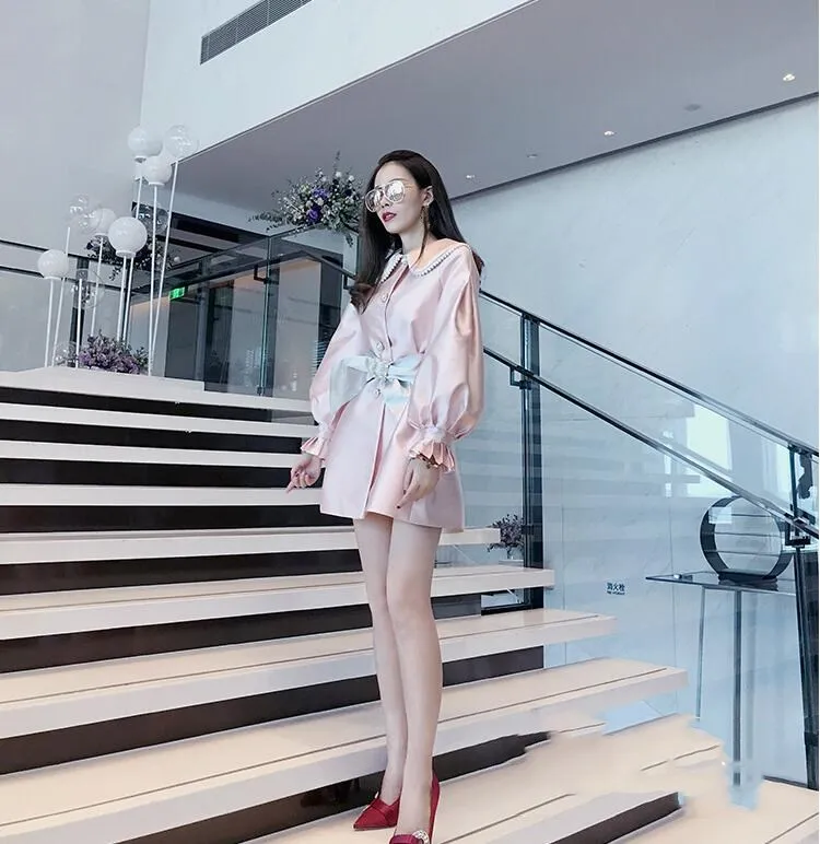 WHITNEY WANG Осенняя мода уличная милая жемчужина бисером воротник Бант пояс атласный Тренч пальто женская верхняя одежда пальто