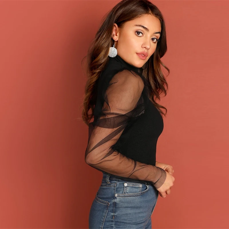 SHEIN Приталенный Топ С Высоким Воротником И Оригинальным Рукавом Женская Летняя Черная Элегантная Блузка С Длинными Рукавами