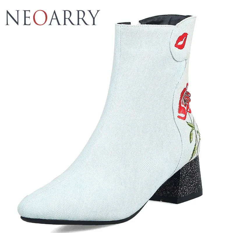 Neoarry Embroider Floral Denim Boots Ladies Party Shoes Chunky Block Med Heel String Beading Ankle Large Size 32-48 T90 | Обувь