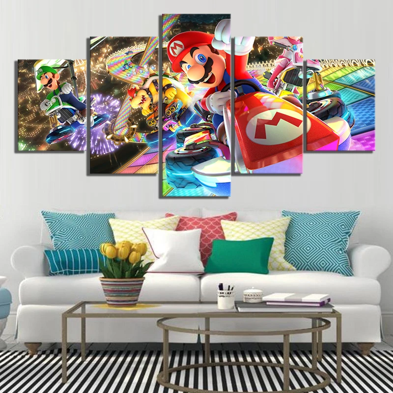 Настенный художественный постер модульные картины холст 5 шт. Mario Kart мультфильм