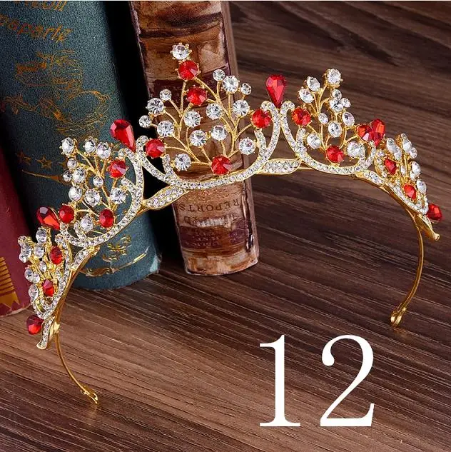 12 Свадебные красные, синие, Зеленые хрустальные золотые диадемы, короны принцессы для торжеств, выпускного вечера, стразы, тиара, повязка на голову, аксессуары для волос невесты - Окраска металла: 12