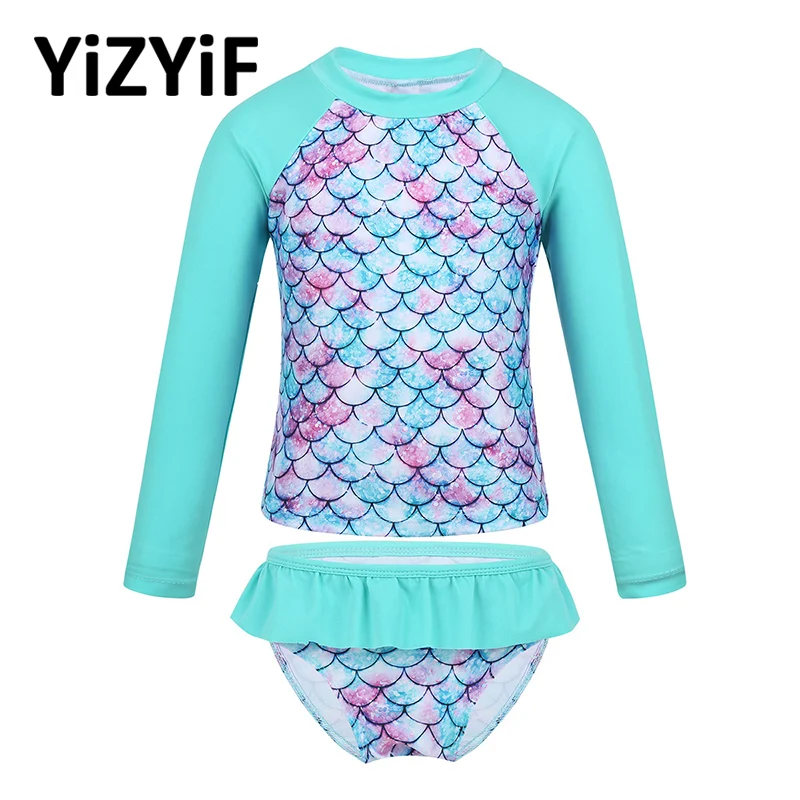 

Toddler Girls Swimsuit Tankini Long Sleeves Fish Scales Printed Rashguard Swimwear Bathing Suit For Girls Set Summer Beach wear